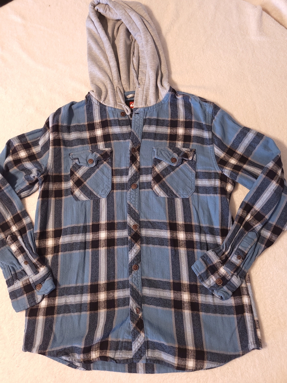 Quicksilver Men's Blue Gray Plaid Flannel Hoodie Button Front Jacket Y2K Small